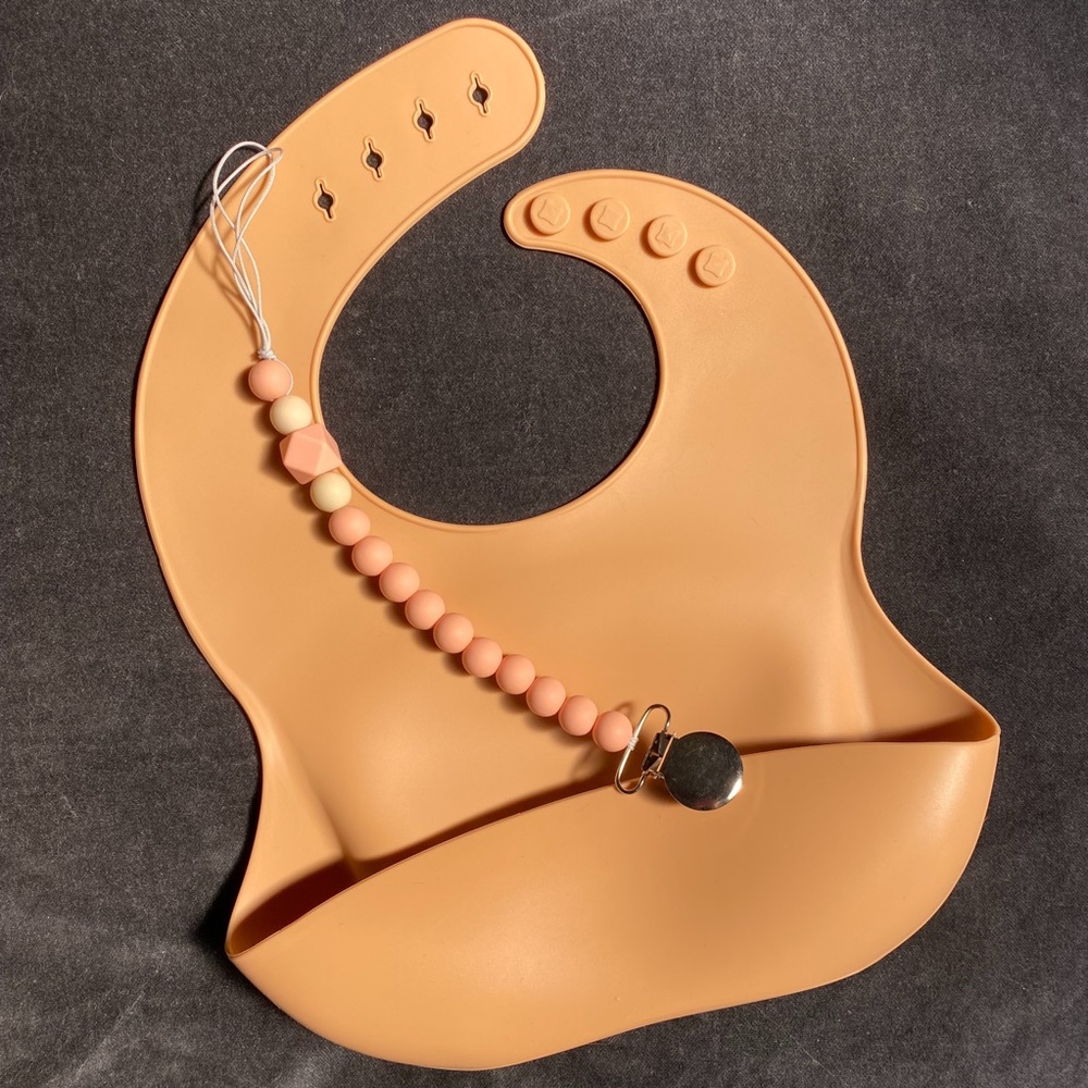 Peach Silicone Bib with Pacifier Clip